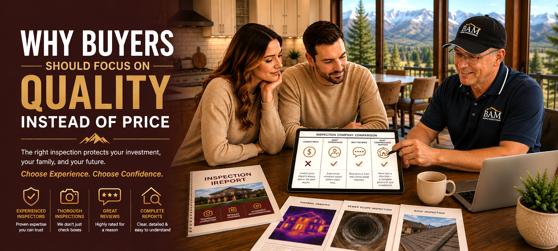 Why Buyers Should Focus on Quality Instead of Price: The right inspection protects your investment, your family, and your future. Choose experience. Choose confidence. Experienced inspectors with proven expertise you can trust. Thorough inspections where we don't just check boxes. Great reviews--highly rated for a reason. Complete reports that are clear, detailed, and easy to understand.