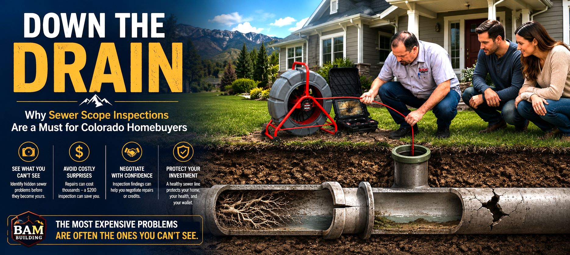 Down the Drain: Why sewer scope inspections are a must for Colorado homebuyers. See what you can't see-identify hidden sewer problems before they become yours. Avoid costly surprises - repairs can cost thousands--a $200 inspection can save you. Negotiate with confidence--inspection findings can help you negotiate repairs or credits. Protect your investment - a healthy sewer line protects your home, your health, and your wallet. The most expensive problems are often the ones you can't see.