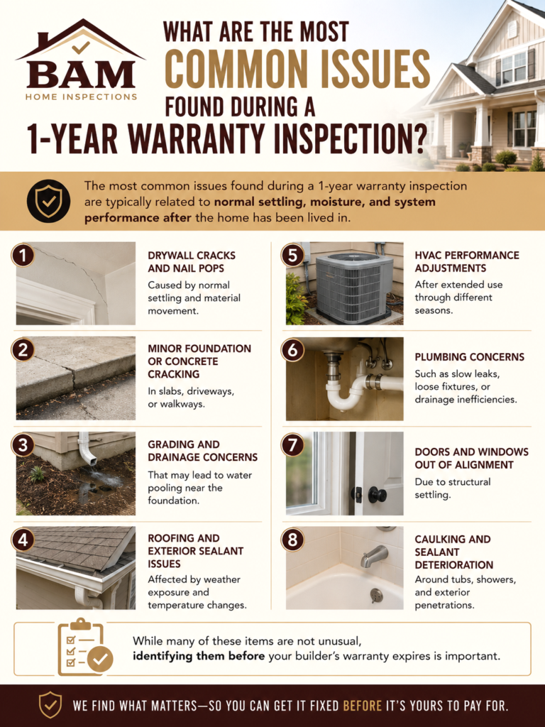 The most common issues found during a 1-year warranty inspection are typically related to normal settling, moisture, and system performance after the home has been lived in. Common issues may include: Drywall cracks and nail pops caused by normal settling and material movement Minor foundation or concrete cracking in slabs, driveways, or walkways Grading and drainage concerns that may lead to water pooling near the foundation Roofing and exterior sealant issues affected by weather exposure and temperature changes HVAC performance adjustments after extended use through different seasons Plumbing concerns, such as slow leaks, loose fixtures, or drainage inefficiencies Doors and windows out of alignment due to structural settling Caulking and sealant deterioration around tubs, showers, and exterior penetrations While many of these items are not unusual, identifying them before your builder’s warranty expires is important.