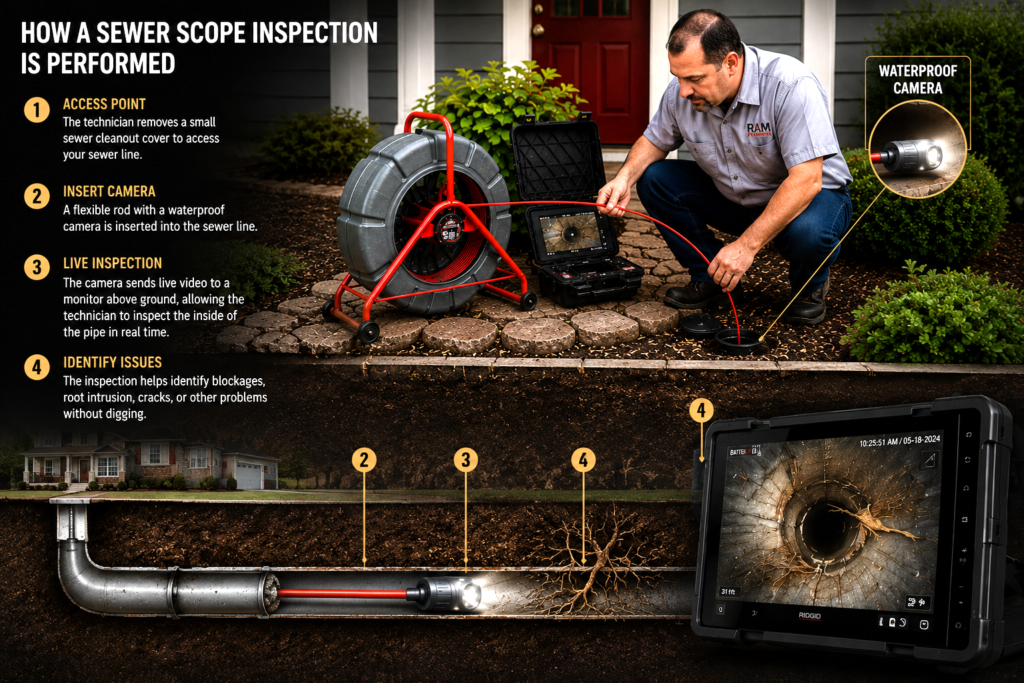 How is a sewer scope performed?