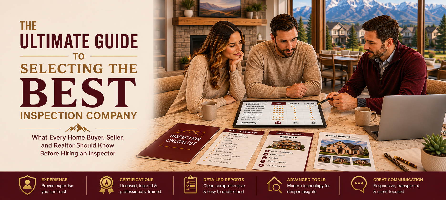 Image shows three people--two men, one woman--sitting at a table with the title "The Ultimate Guide to Selecting the Best Home Inspection Company." What every home buyer, seller, and realtor should know before hiring an inspector. Proven experience you can trust. Licensed, insured, and professionally trained. Detailed, clear, comprehensive, and easy to understand reports. Advanced tools--modern technology for deeper insights. Great communication--responsive, transparent, and client focused.