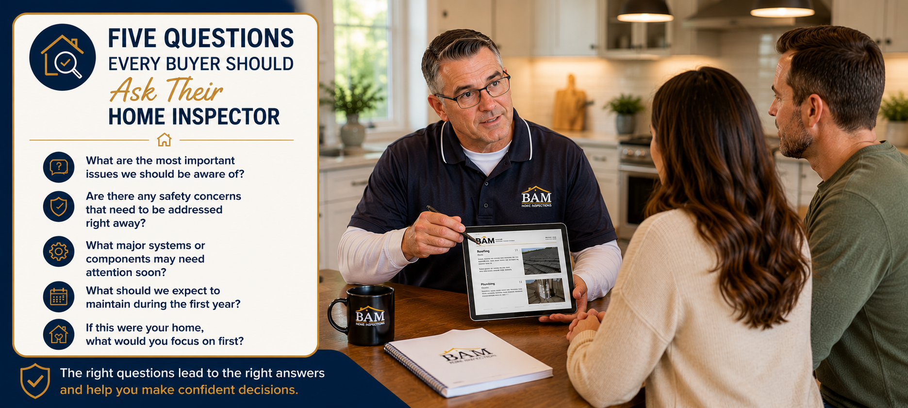 Five questions every buyer should ask their home inspector: What are the most important issues we should be aware of? Are there any safety concerns that need to be addressed right away? What major systems or components may need attention soon? What should we expect during the first year? If this were your home, what would you focus on first? The right questions lead to the right answers and help you make confident decisions.