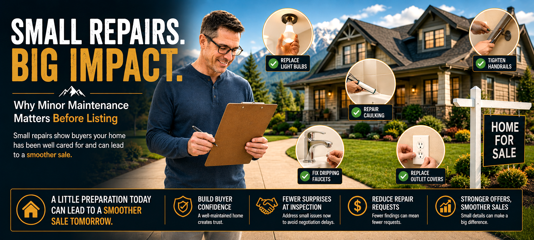 Small repairs. Big impacts. Why minor maintenance matters before listing. Small repairs show buyers your home has been well cared for and can lead to a smoother sale. A little preparation today can lead to a smoother sale tomorrow. Build buyer confidence-a well-maintained home creates trust. Fewer surprises at inspection-address small issues now to avoid negotiation delays. Reduce repair requests-fewer findings can mean fewer requests. Stronger offers, smoother sales. Small details can make a big difference.