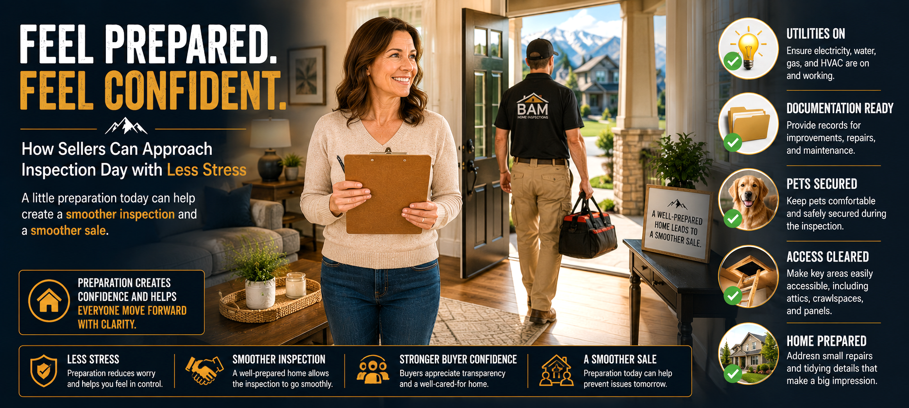 Feel prepared. Feel confident. How sellers can approach inspection day with less stress. A little preparation today can help create a smoother inspection and a smoother sale. Preparation creates confidence and helps everyone move forward with clarity. Less stress-a well-prepared home allows the inspection to go smoothly. Stronger buyer confidence-buyers appreciate transparency and a well-cared-for home. A smoother sale-preparation today can help prevent issues tomorrow.