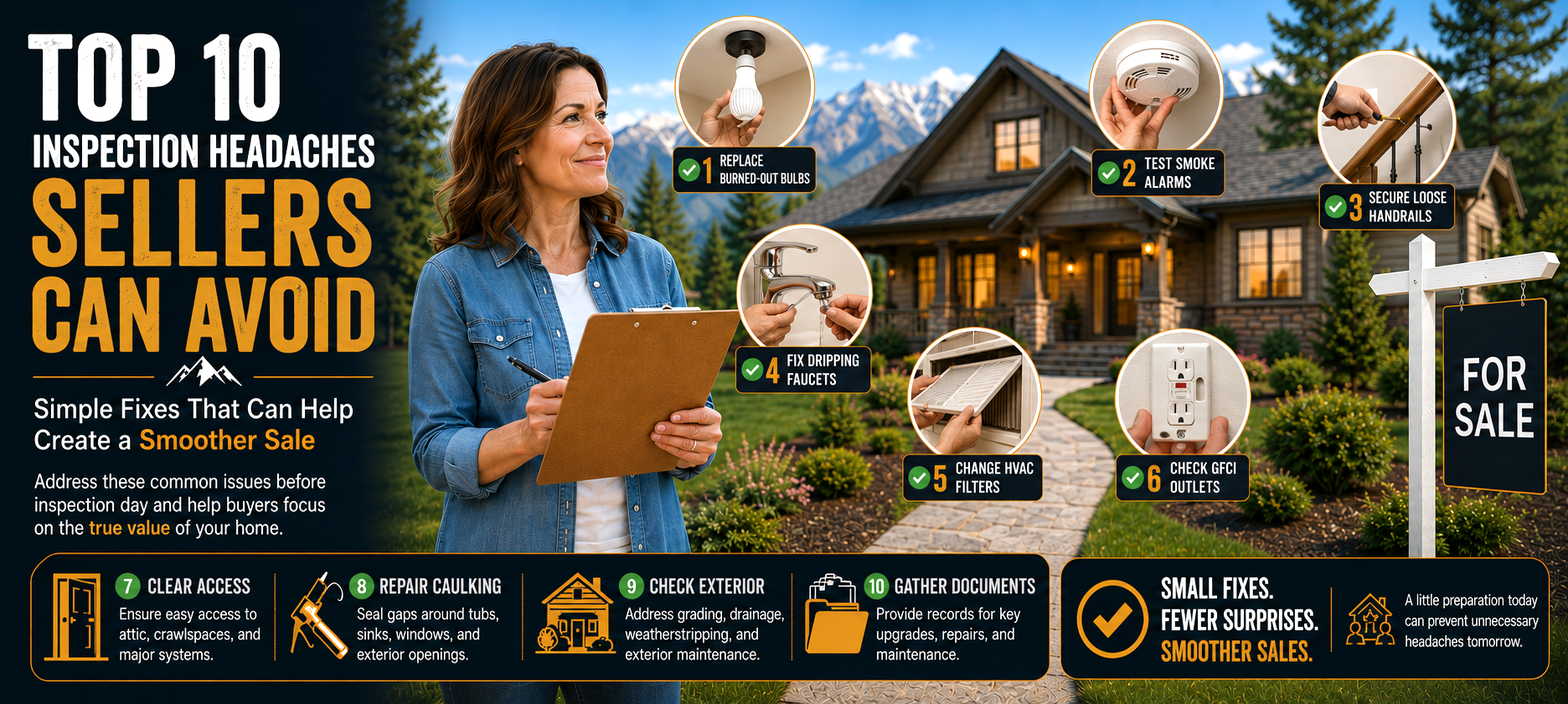 Top 10 inspection headaches sellers can avoid. Simple fixes that can help create a smoother sale. Address these common issues before inspection day and help buyers focus on the true value of your home. Small fixes. Fewer surprises. Smoother sales.