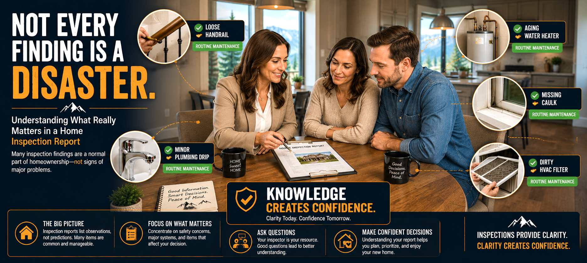 Not every finding is a disaster. Understanding what really matters in a home inspection report. Many inspection findings are a normal part of homeownership--not signs of major problems. The big piscture - inspection reports list observations, not predictions. Many items are common and manageable. Focus on what matters-concentrate on safety concerns, major systems, and items that affect your decision. Knowledge creates confidence--clarity today, confidence tomorrow. Ask questions-your inspector is your resource. Good questions lead to better understanding. Make confident decisions-understanding your report helps you plan, prioritize, and enjoy your new home.