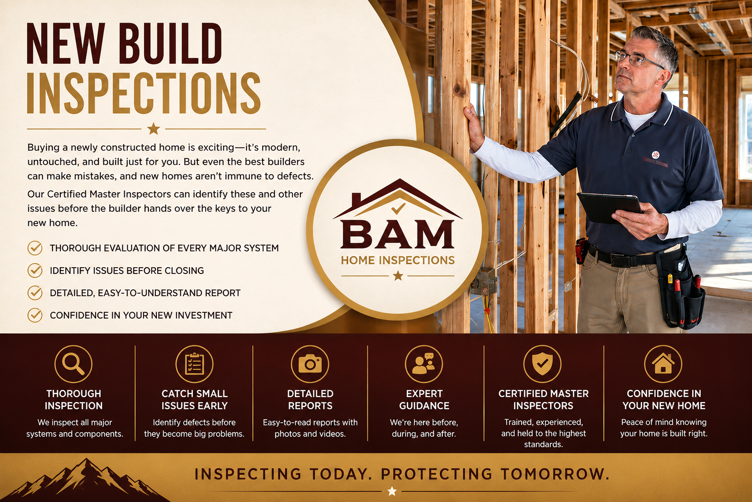 Buying a newly constructed home is exciting—it’s modern, untouched, and built just for you.  But even the best builders can make mistakes, and new homes aren’t immune to defects.  Construction projects often involve multiple subcontractors, each responsible for a specific aspect of the home, such as plumbing, electrical, roofing, or HVAC. Miscommunication or rushing to meet deadlines often lead to oversights like improperly installed or missing insulation; poorly sealed windows and doors; incorrect wiring or plumbing connections; and bowed walls or uneven floors. Our Certified Master Inspectors can identify these and other issues before the builder hands over the keys to your new home.