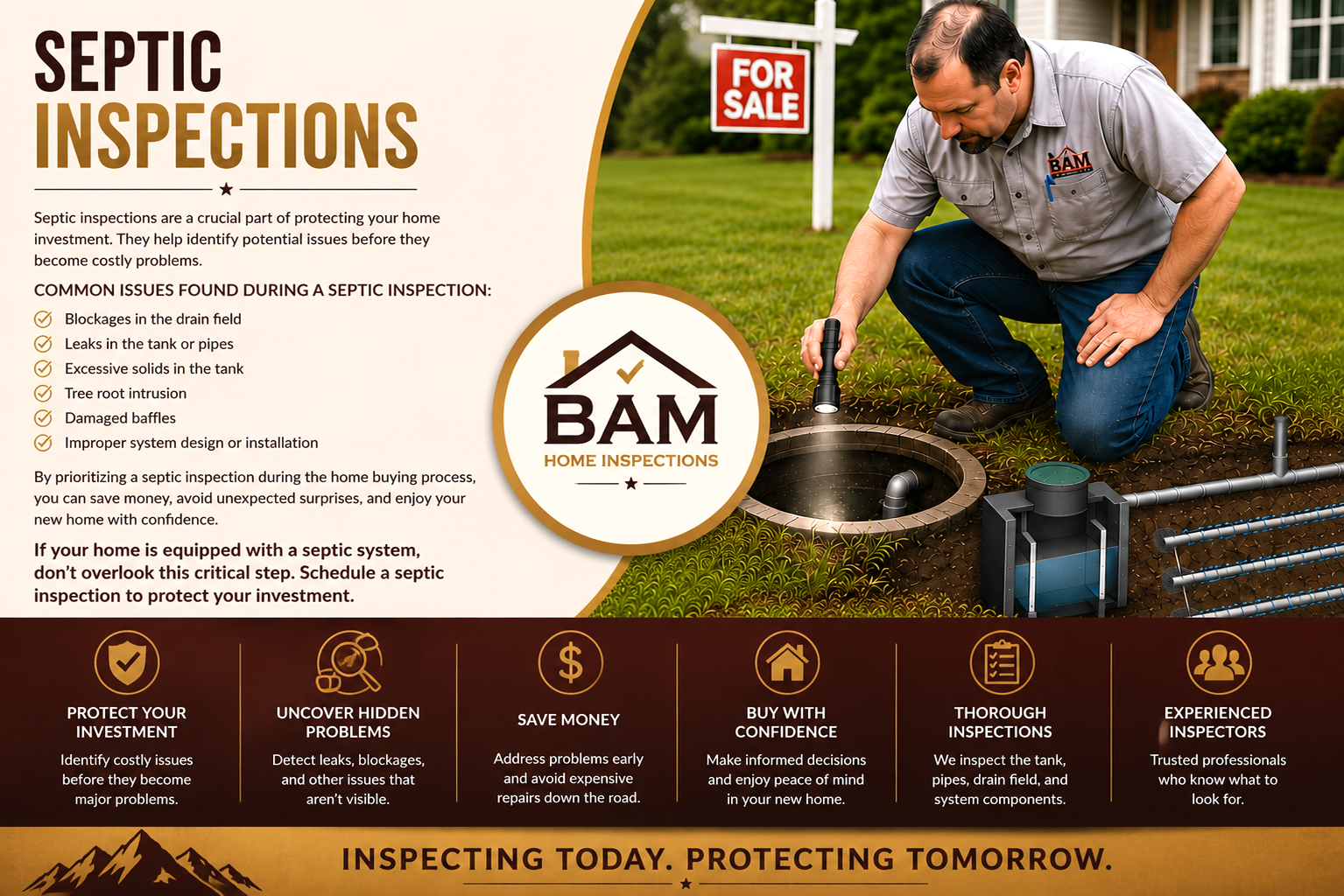 Septic inspections are a crucial part of protecting your home investment. They help identify potential issues before they become costly problems. Common issues found during a septic inspection include blockages in the drain field; leaks in the tank or pipes; excessive solids in the tank; tree root intrusion; damaged baffles; and improper system design or installation. By prioritizing a septic inspection during the home buying process, you can save money, avoid unexpected surprises, and enjoy your new home with confidence. If your home is equipped with a septic system, don’t overlook this critical step. Schedule a septic inspection to protect your investment.