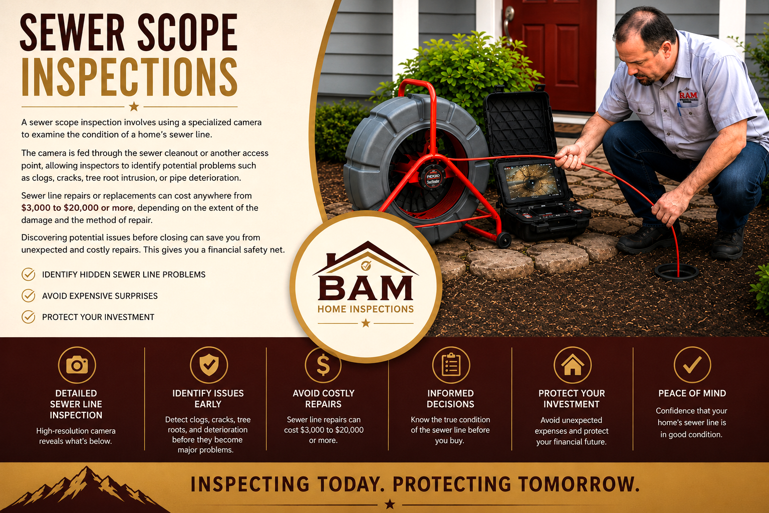 A sewer scope inspection involves using a specialized camera to examine the condition of a home’s sewer line.  The camera is fed through the sewer cleanout or another access point, allowing inspectors to identify potential problems such as clogs, cracks, tree root intrusion, or pipe deterioration.  Sewer line repairs or replacements can cost anywhere from $3,000 to $20,000 or more, depending on the extent of the damage and the method of repair. Discovering potential issues before closing can save you from unexpected and costly repairs.  This gives you a financial safety net.