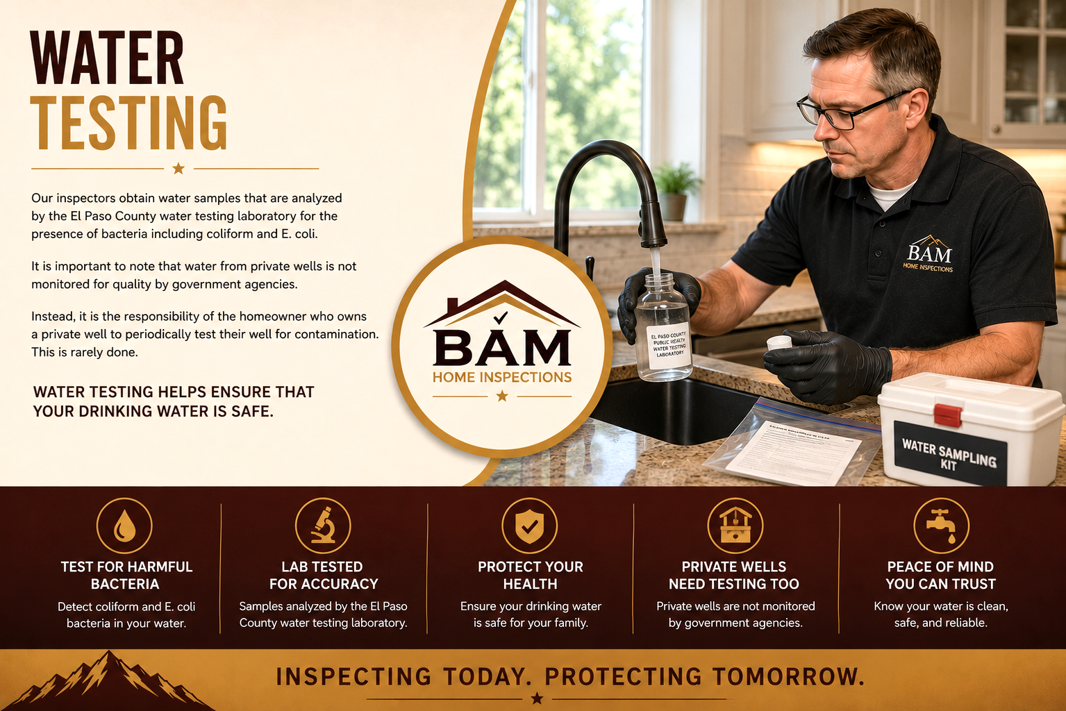 Our inspectors obtain water samples that are analyzed by the El Paso County water testing laboratory for the presence of bacteria including coliform and E. coli.  It is important to note that water from private wells is not monitored for quality by government agencies.  Instead, it is the responsibility of the homeowner who owns a private well to periodically test their well for contamination.  This is rarely done.  Water testing helps ensure that your drinking water is safe.